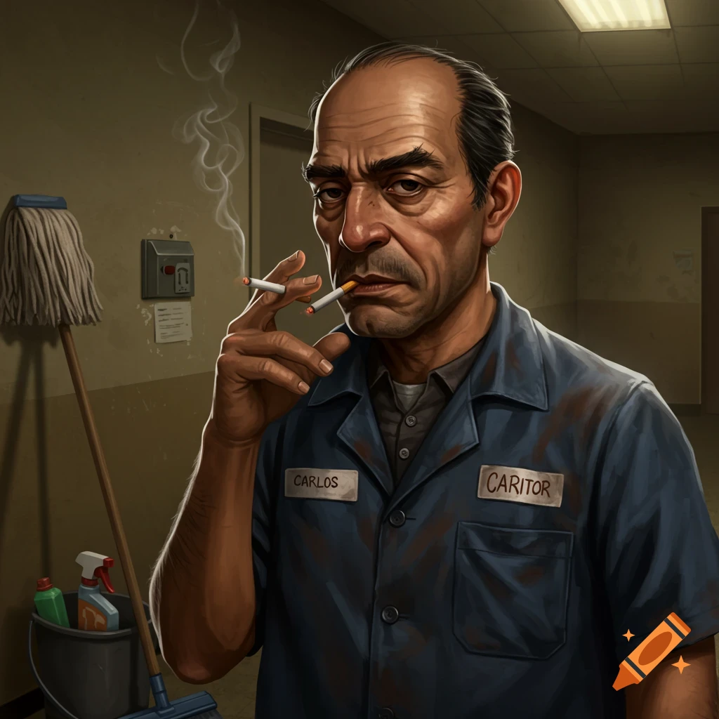 A janitor smoking a cigarette.