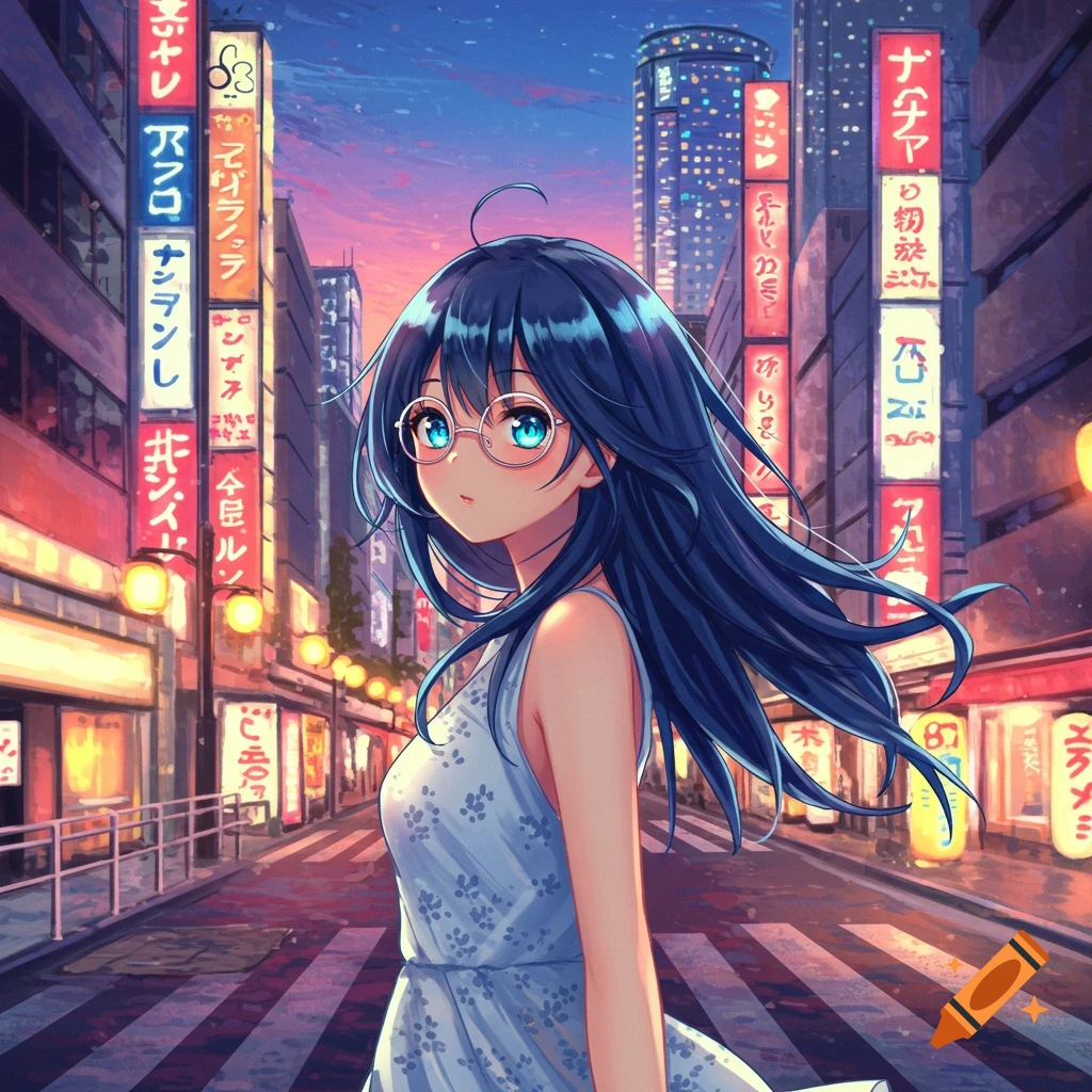 An anime girl with blue hair and glasses is walking on a city street at night with illuminated signs.