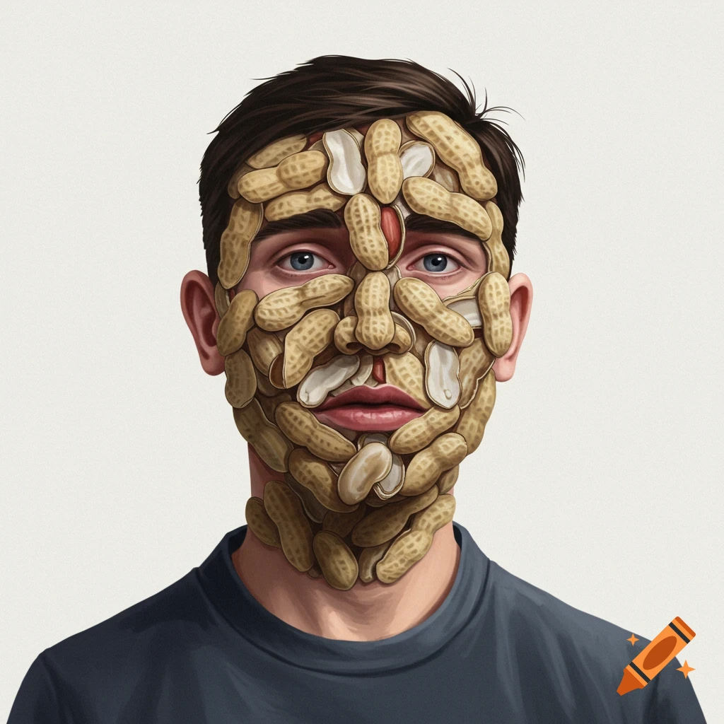 A man's face is covered in peanut shells.