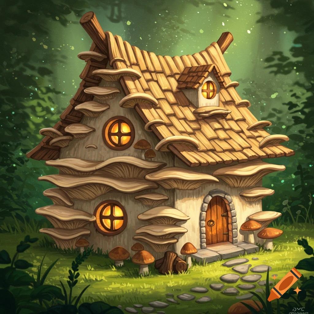 Whimsical image of a forest house made from mushrooms with glowing windows.