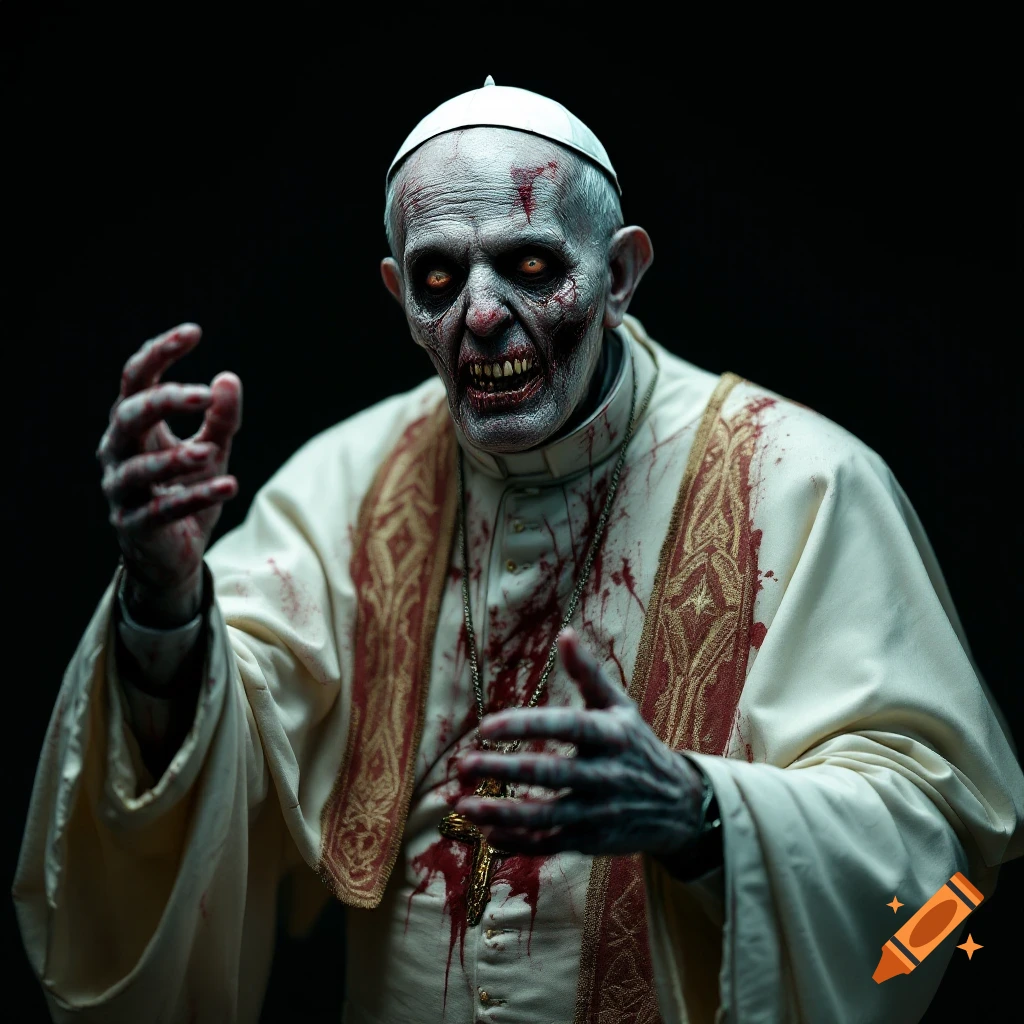 Photorealistic portrait of a zombie Pope covered in blood, gesturing