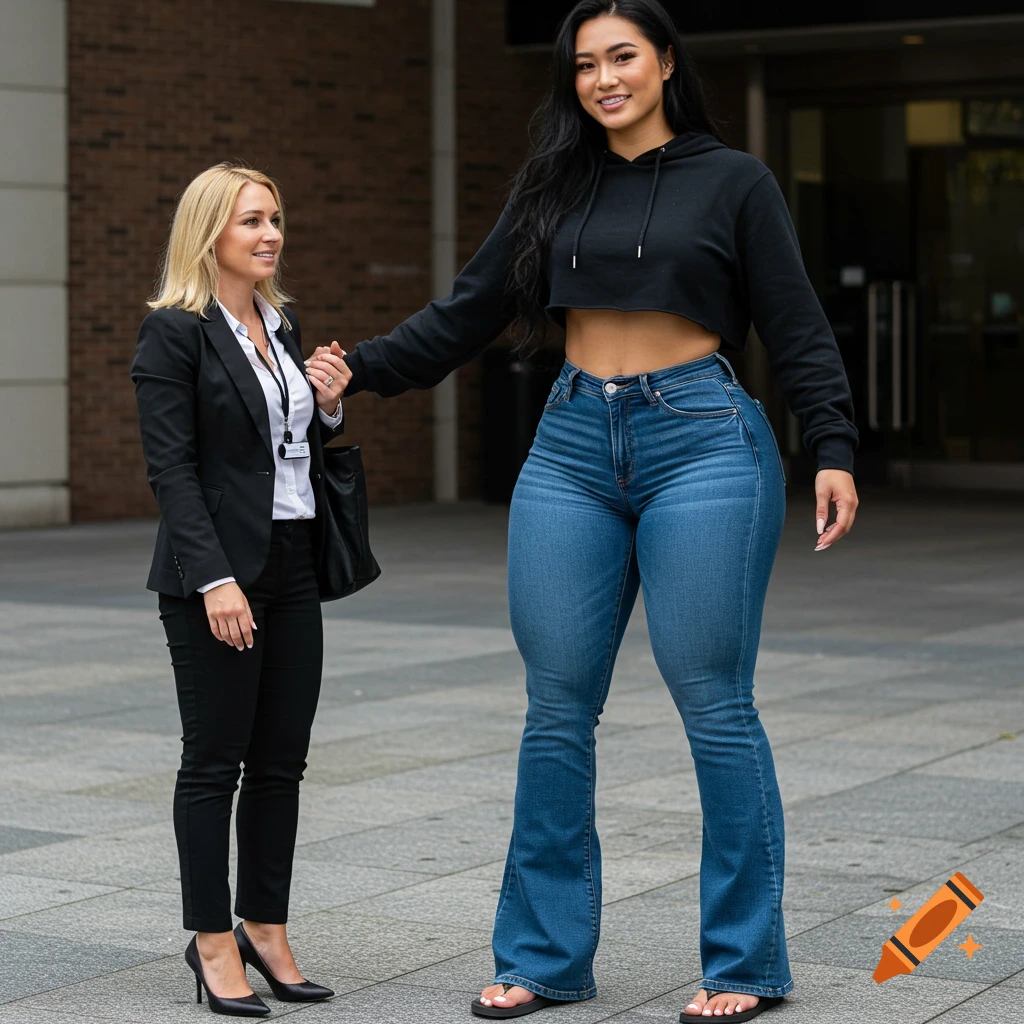A very tall, muscular woman in a black crop hoodie and flared jeans stands next to a shorter woman in a black suit.