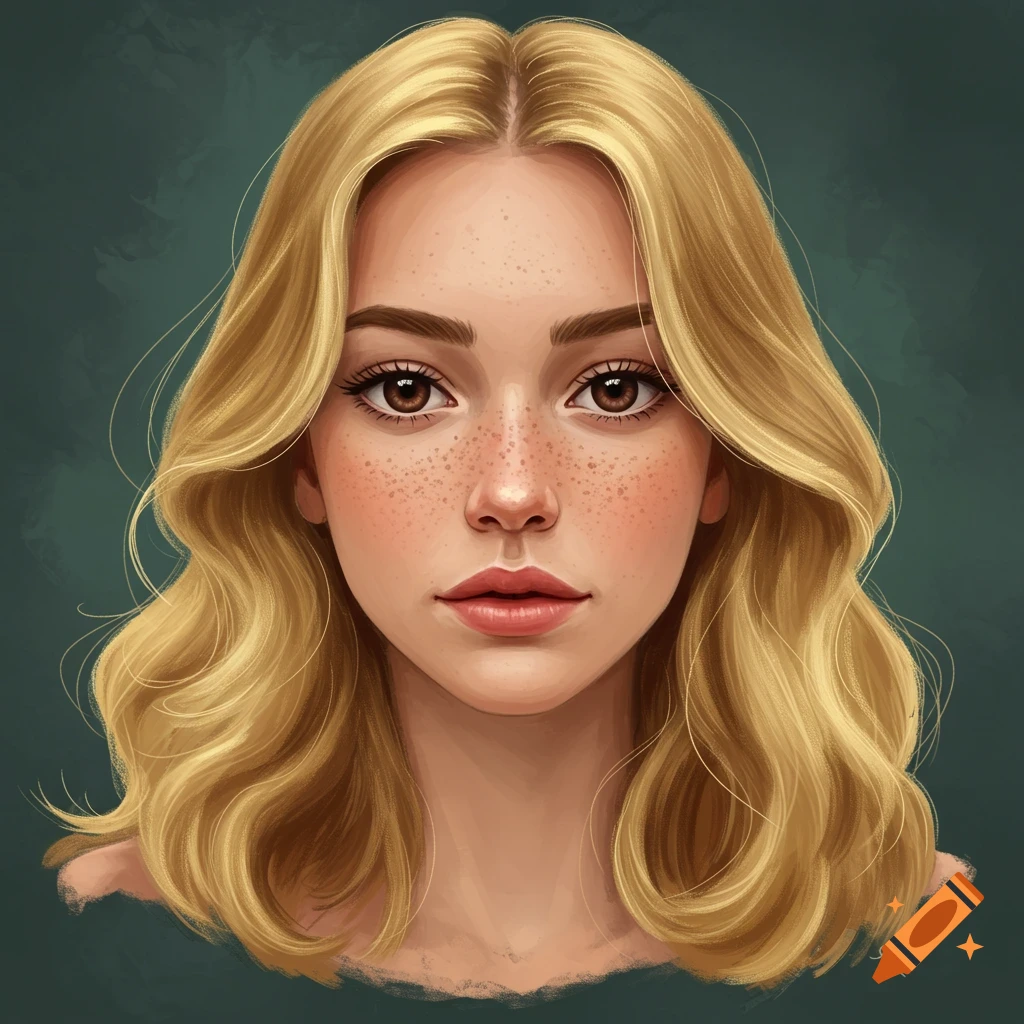 Portrait of a young woman with blonde hair, brown eyes, and freckles.