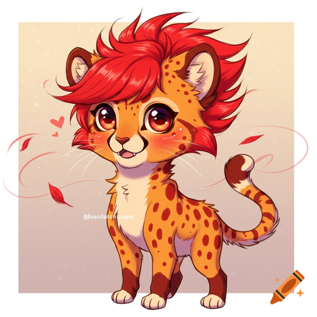 A cute anime-style cheetah with red hair stands looking forward.
