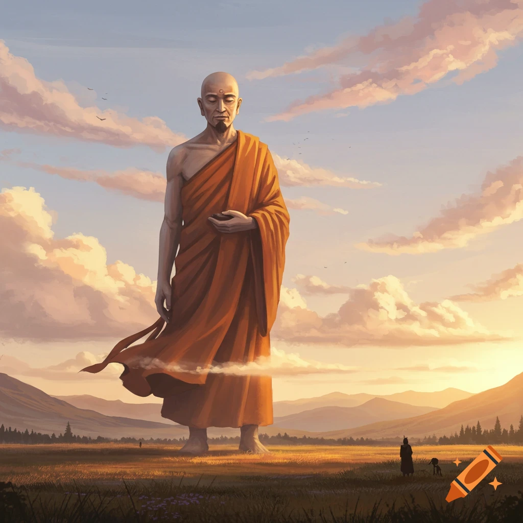 Giant monk standing in a field at sunset with mountains in the background.