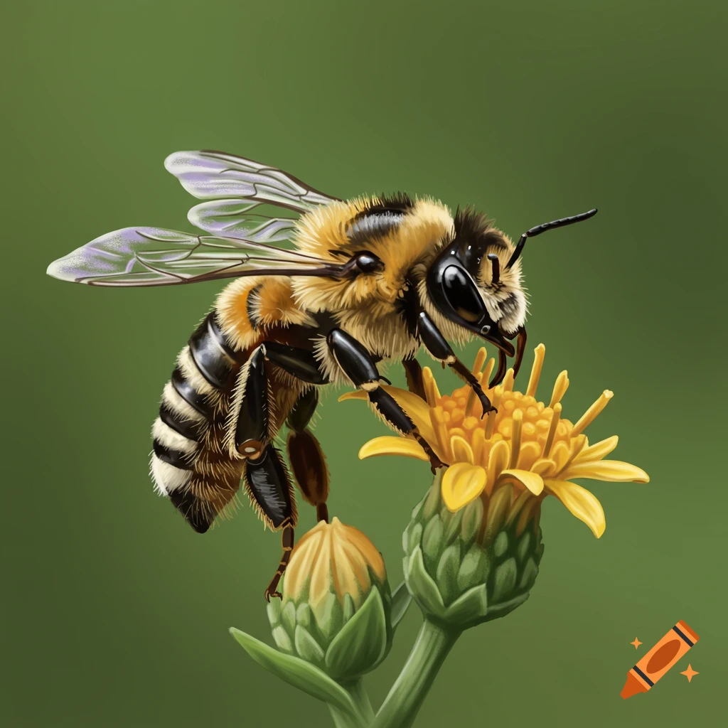 Close-up illustration of a bee landing on a yellow flower with a green background.