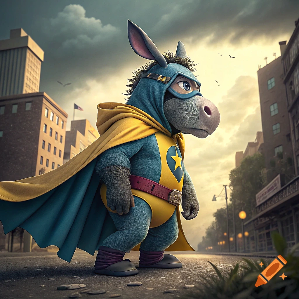 Cartoon donkey superhero standing on a city street
