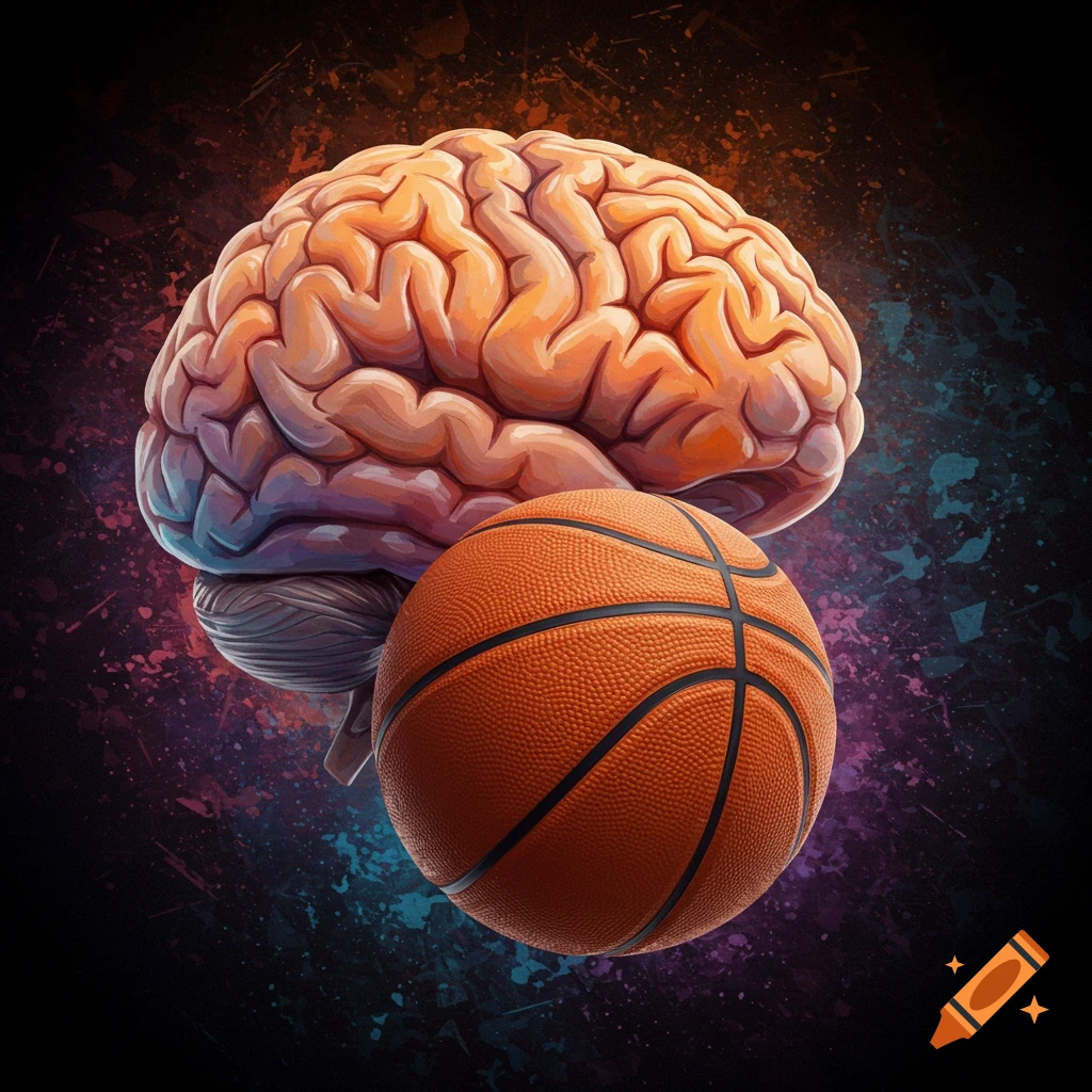A human brain is positioned next to a basketball, set against a backdrop featuring vibrant paint splatters.