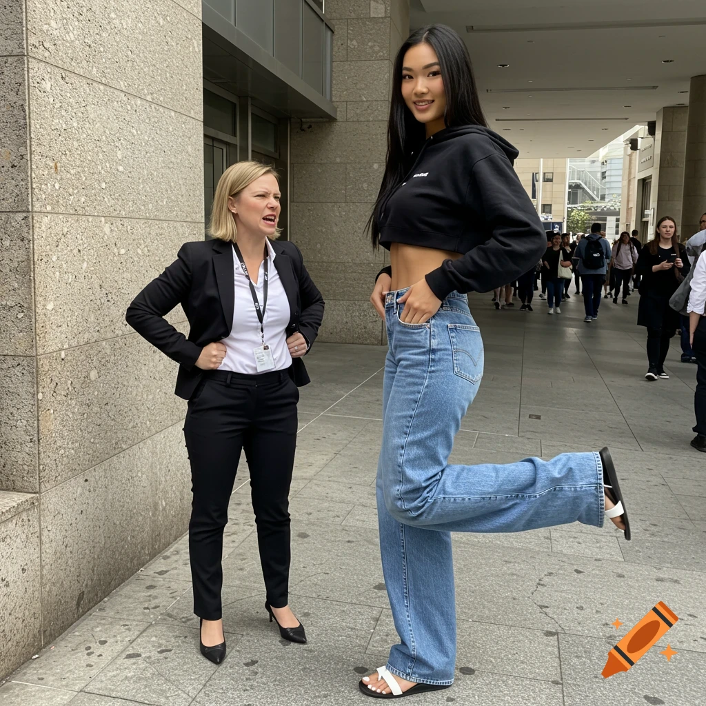 A very tall woman in a cropped hoodie and baggy jeans stands next to a shorter woman in a suit outside.