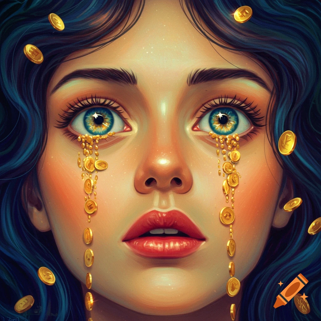 A woman crying gold coins from her eyes with coins floating around her face.