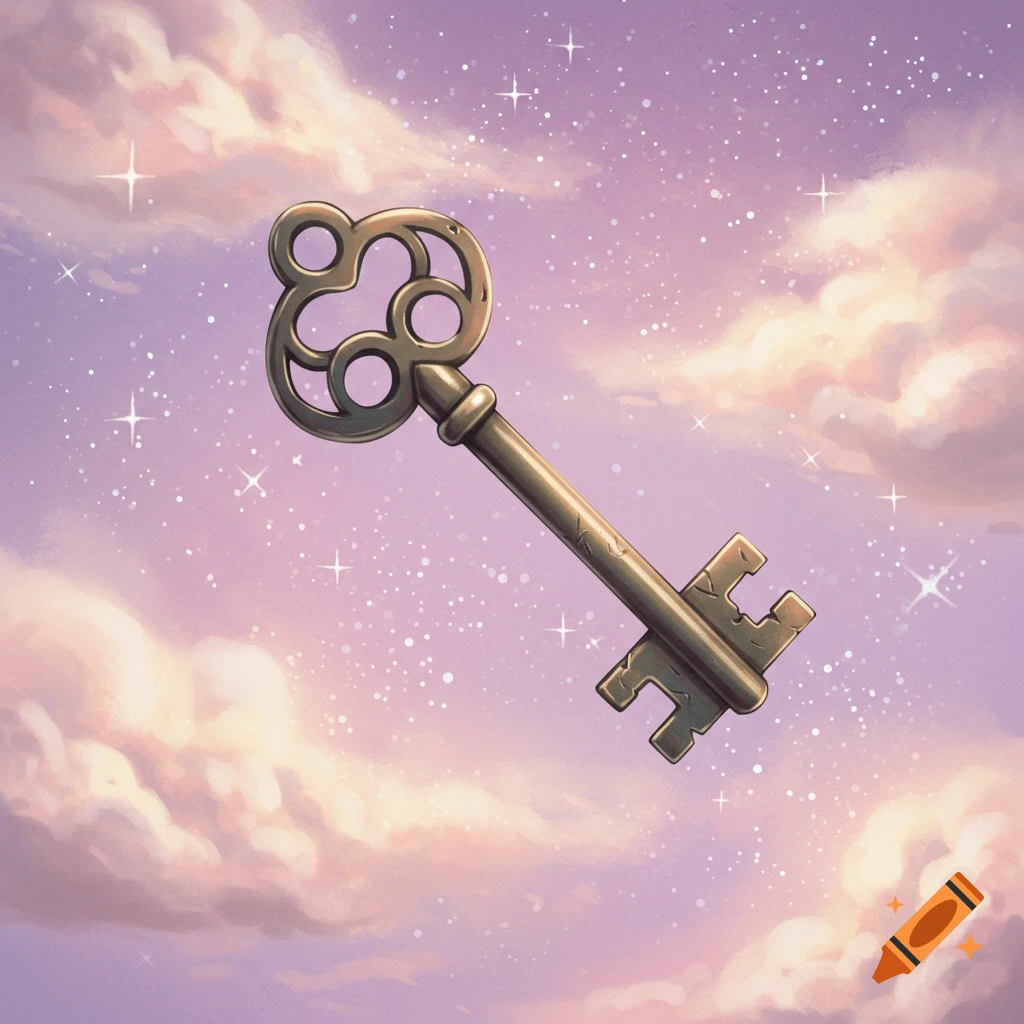 An old key floats in a fantasy sky with clouds and stars.