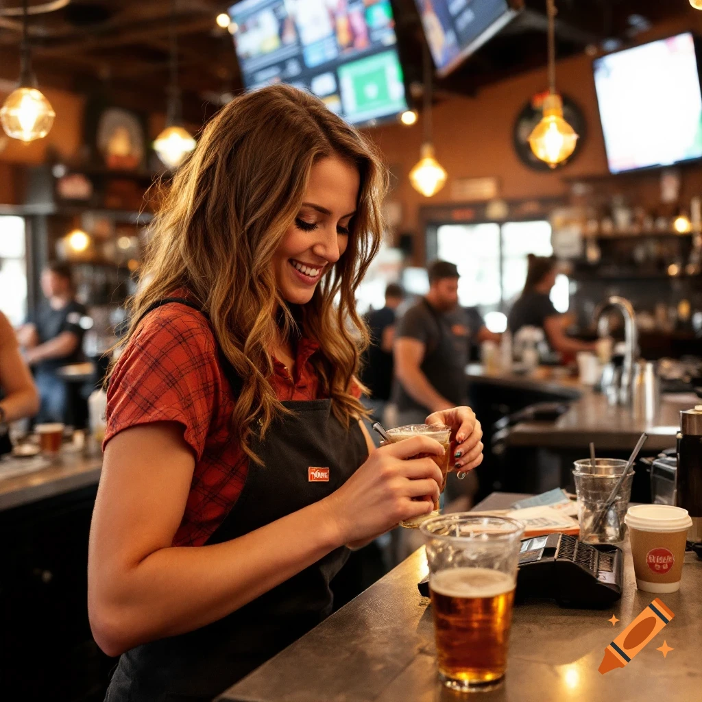 A smiling woman in a plaid shirt and apron works behind a bar.