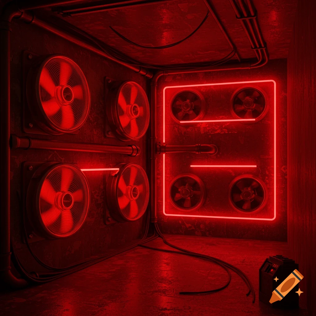 Industrial room with red lights and multiple fans on the walls