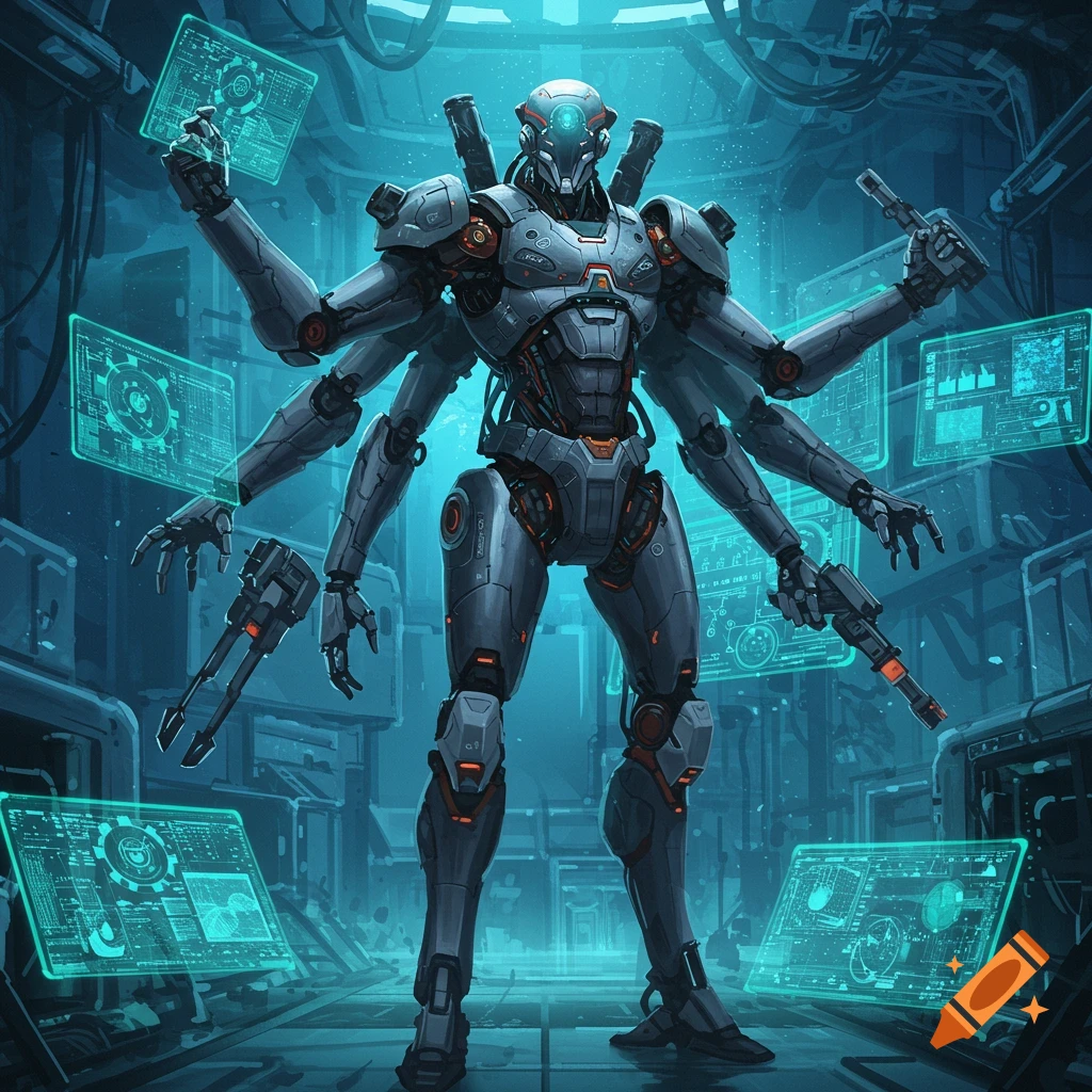 A large, multi-armed robot stands in a futuristic room interacting with holographic screens.