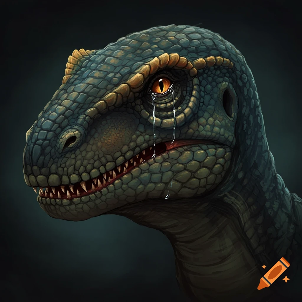 A dinosaur's head with tears streaming from its eye