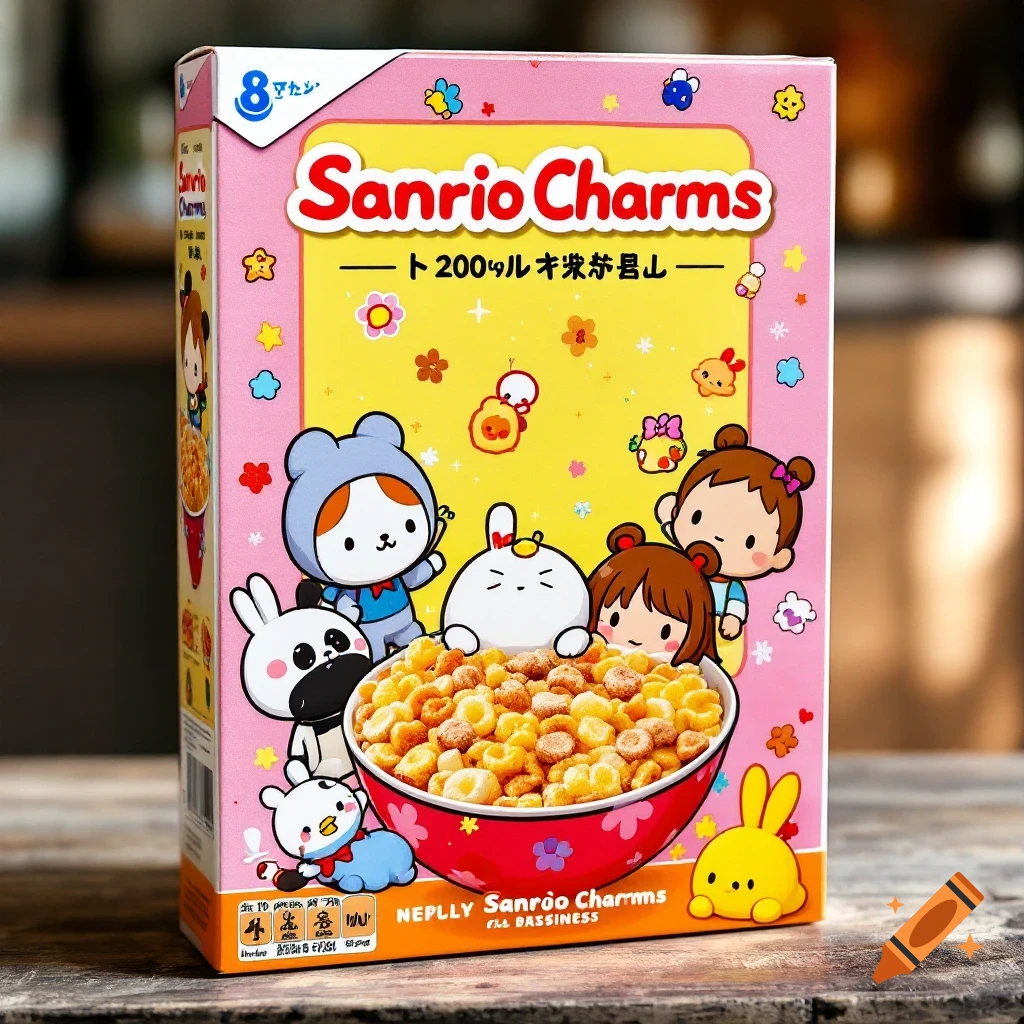 Close-up photo of a pink cereal box featuring cartoon characters around a bowl of cereal.