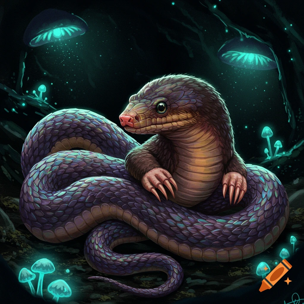 A creature that is a cross between a snake and a mole is sitting in a dark forest with glowing blue mushrooms.