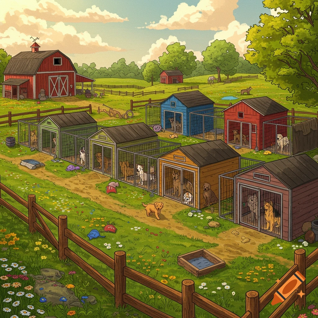 Dogs are in kennels on a farm with a red barn in the background.