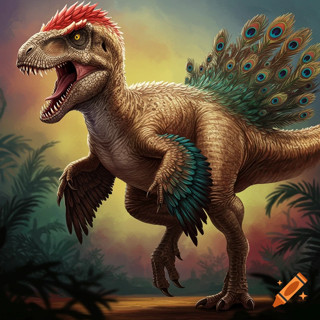 A bird-like T-Rex with a red crest and peacock tail feathers in a jungle.