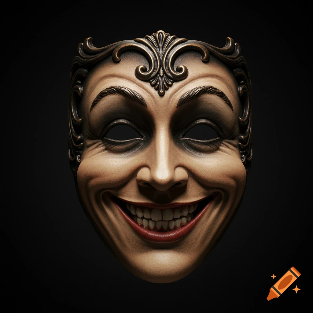Close-up of a creepy mask with an exaggerated smile and dark eyes.