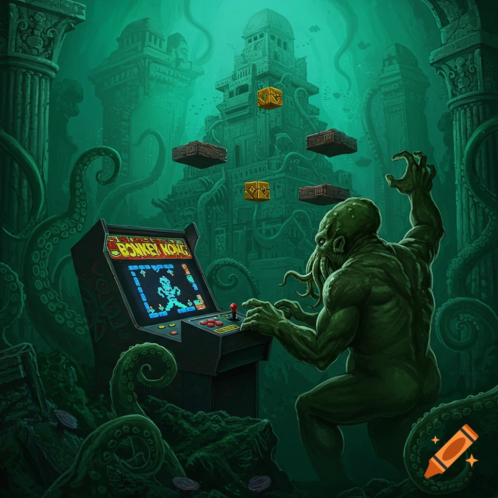 A creature like Cthulhu plays Donkey Kong on an arcade machine in deep green underwater ruins.