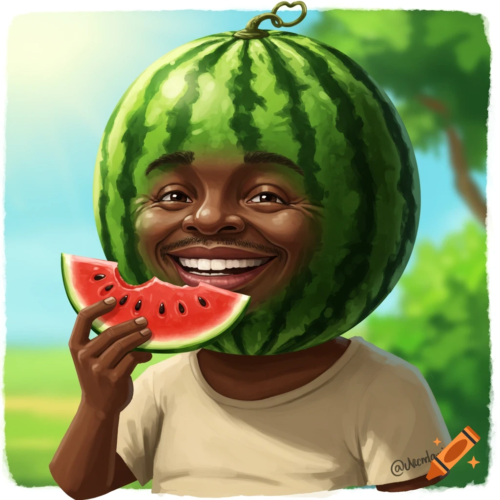 A smiling person with a watermelon head is holding a slice of watermelon.