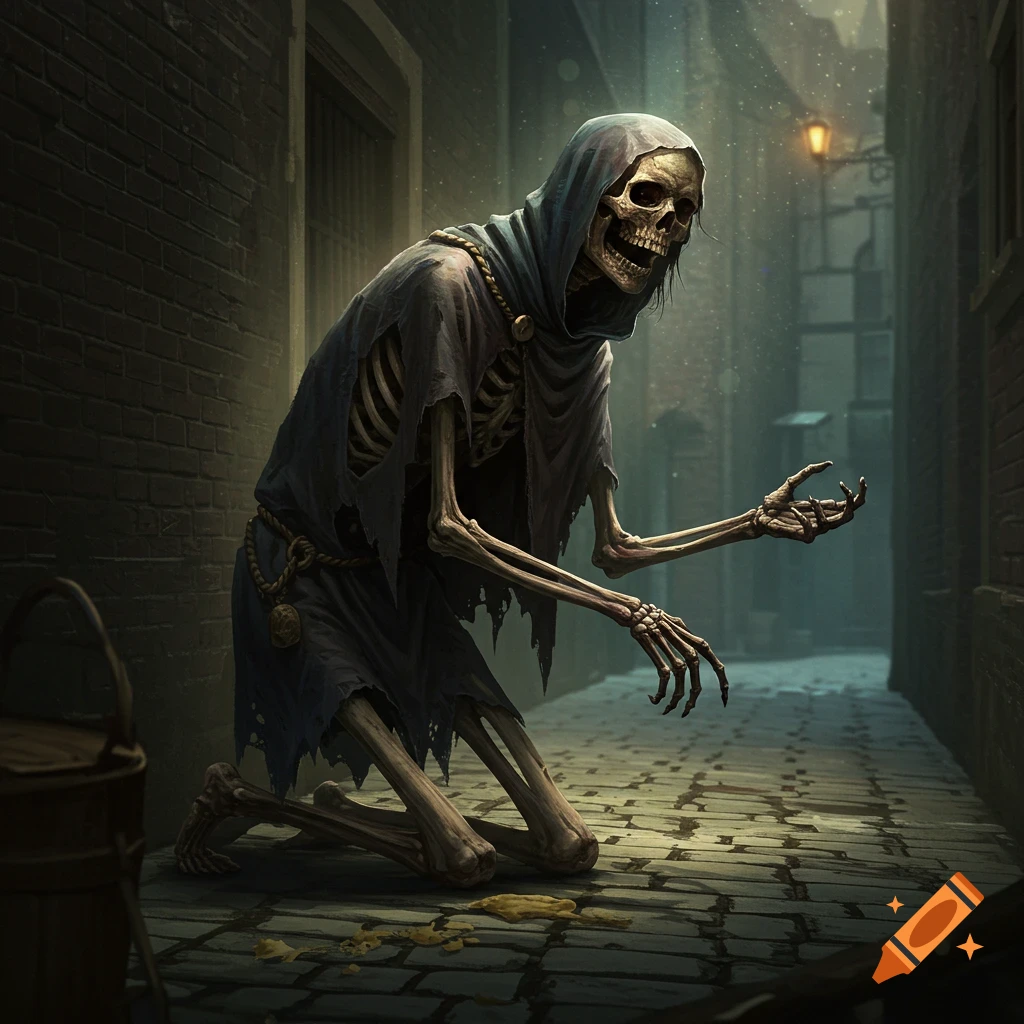 A skeleton in a hooded robe kneels and begs in a dark alley.