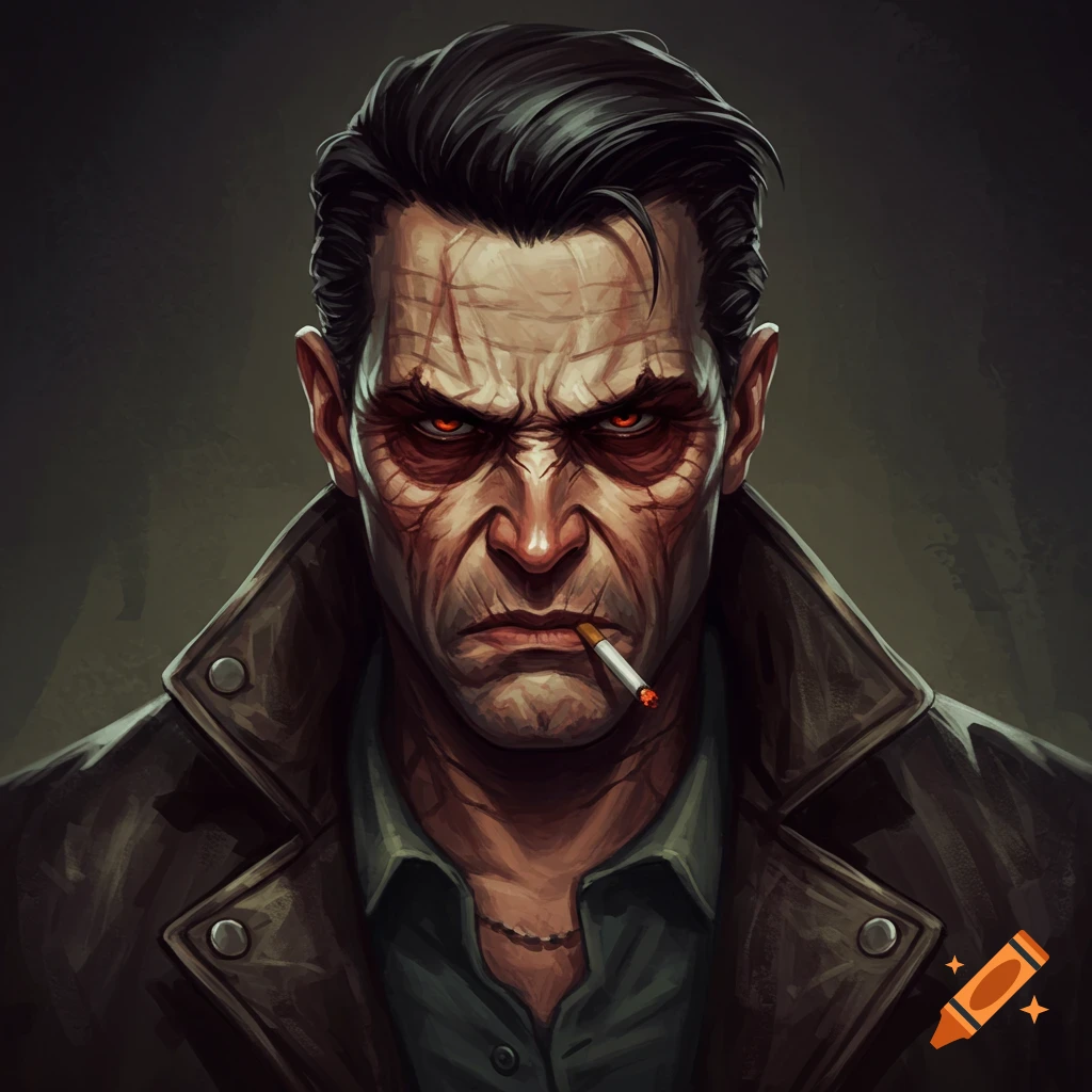 Portrait of a man with scars, red eyes, and a cigarette.