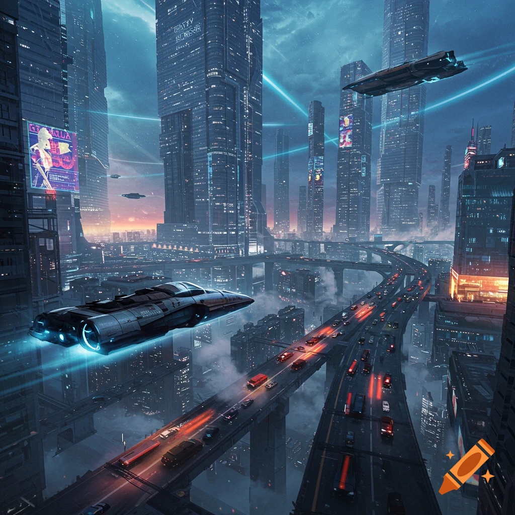 A futuristic mega city with towering skyscrapers, multi-level highways, and flying vehicles during the twilight hours.