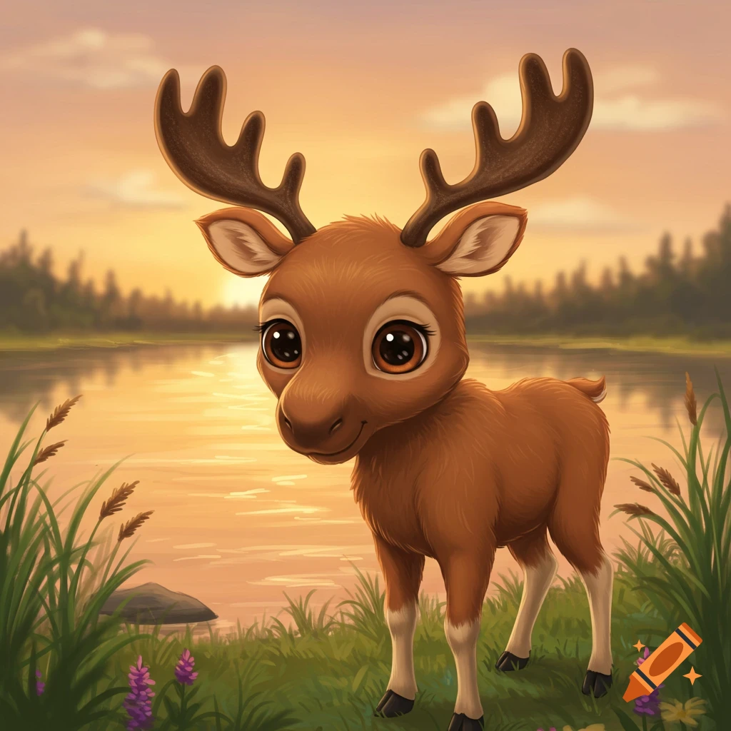 A cute cartoon moose stands by a lake at sunset.