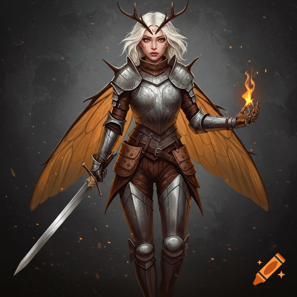 Painting of a female fantasy knight with moth wings and antlers, holding a sword and casting fire.