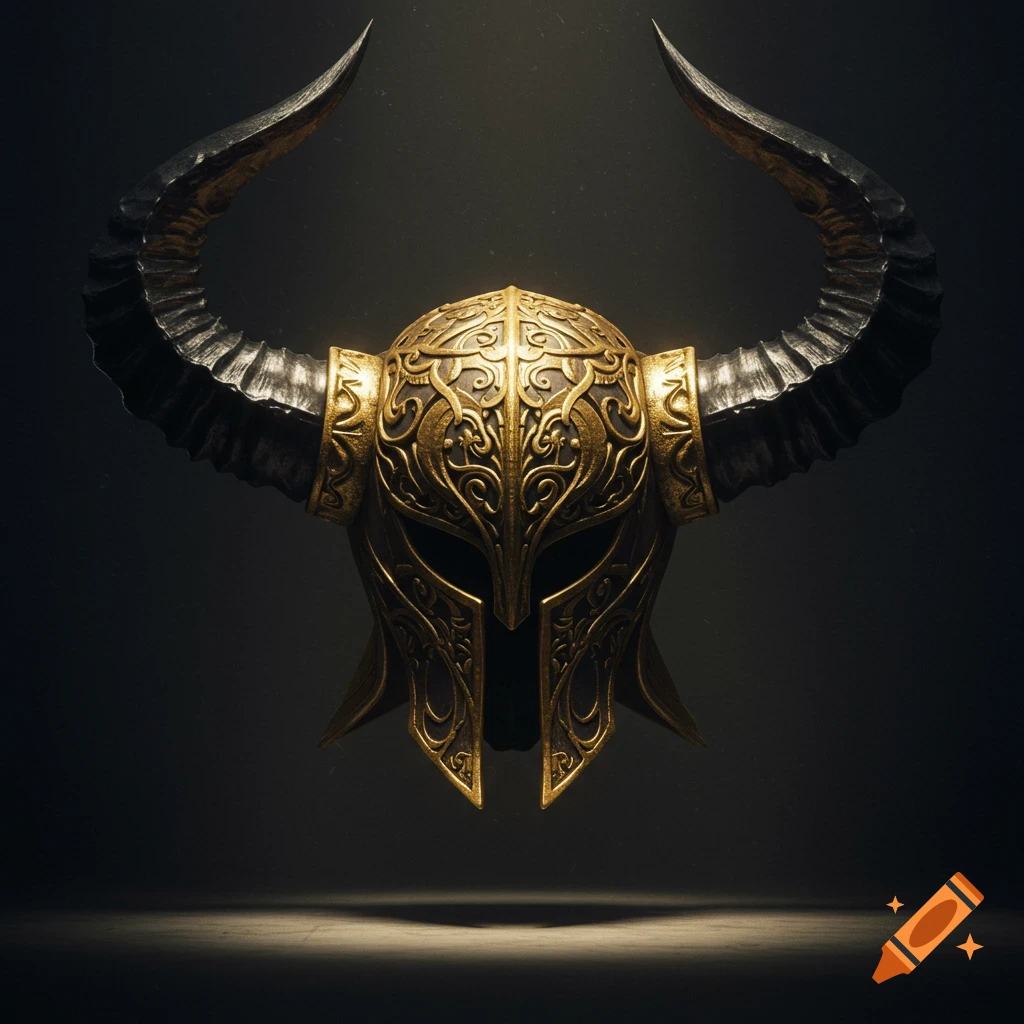 A detailed golden fantasy helmet with large black horns.