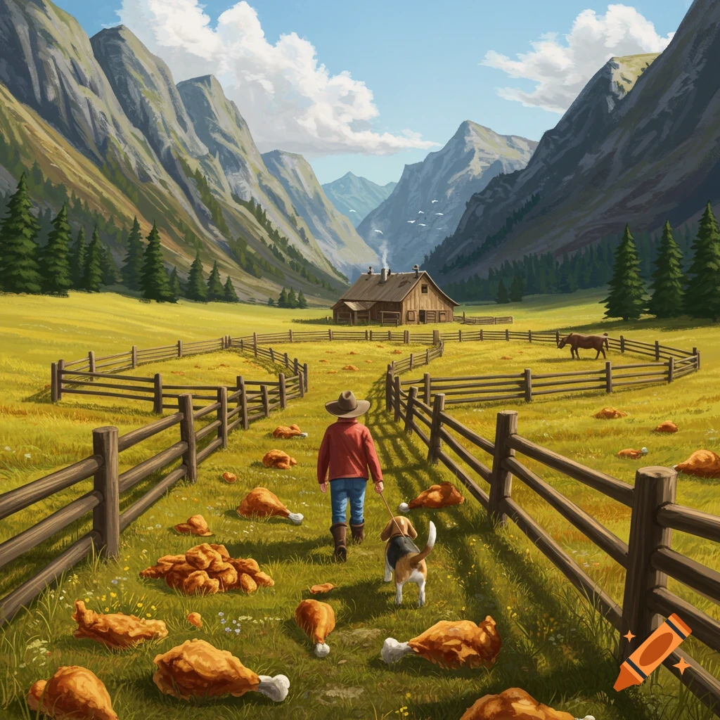 A person walks a dog through a grassy valley field littered with fried chicken pieces towards a farm.