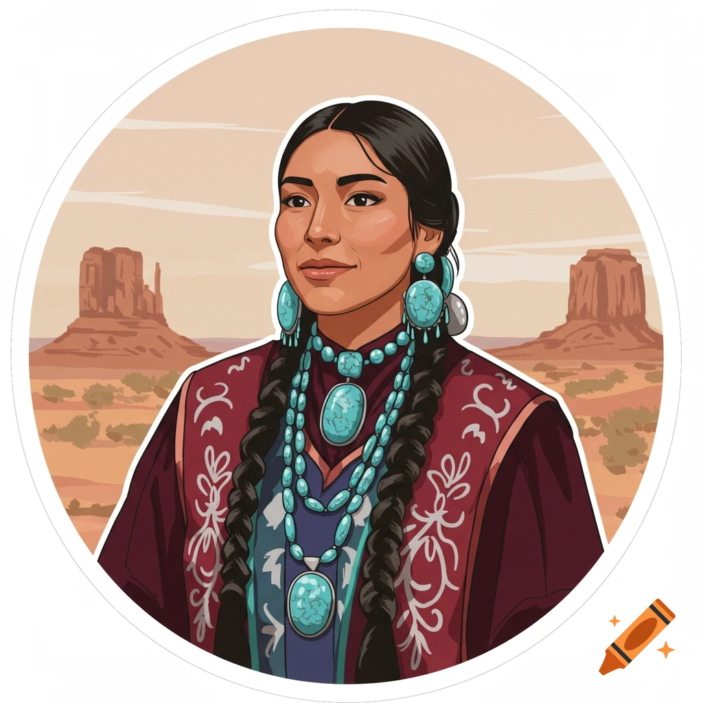 Vector sticker of a Diné woman in traditional regalia and turquoise jewelry in a desert landscape.