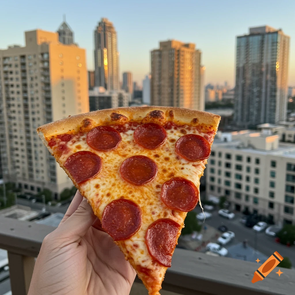 Hand holding a slice of pepperoni pizza against a city skyline at sunset