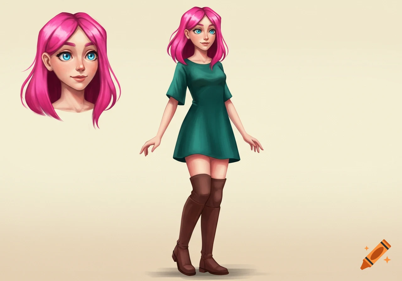 A character with pink hair and blue eyes is wearing a green dress and brown boots.