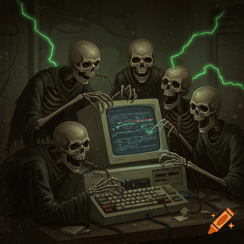 Several skeletons gathered around an old computer with green lightning.