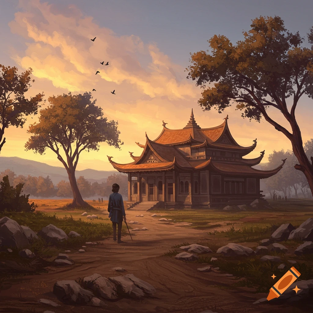 A person walks toward a traditional East Asian building in a landscape at sunset.
