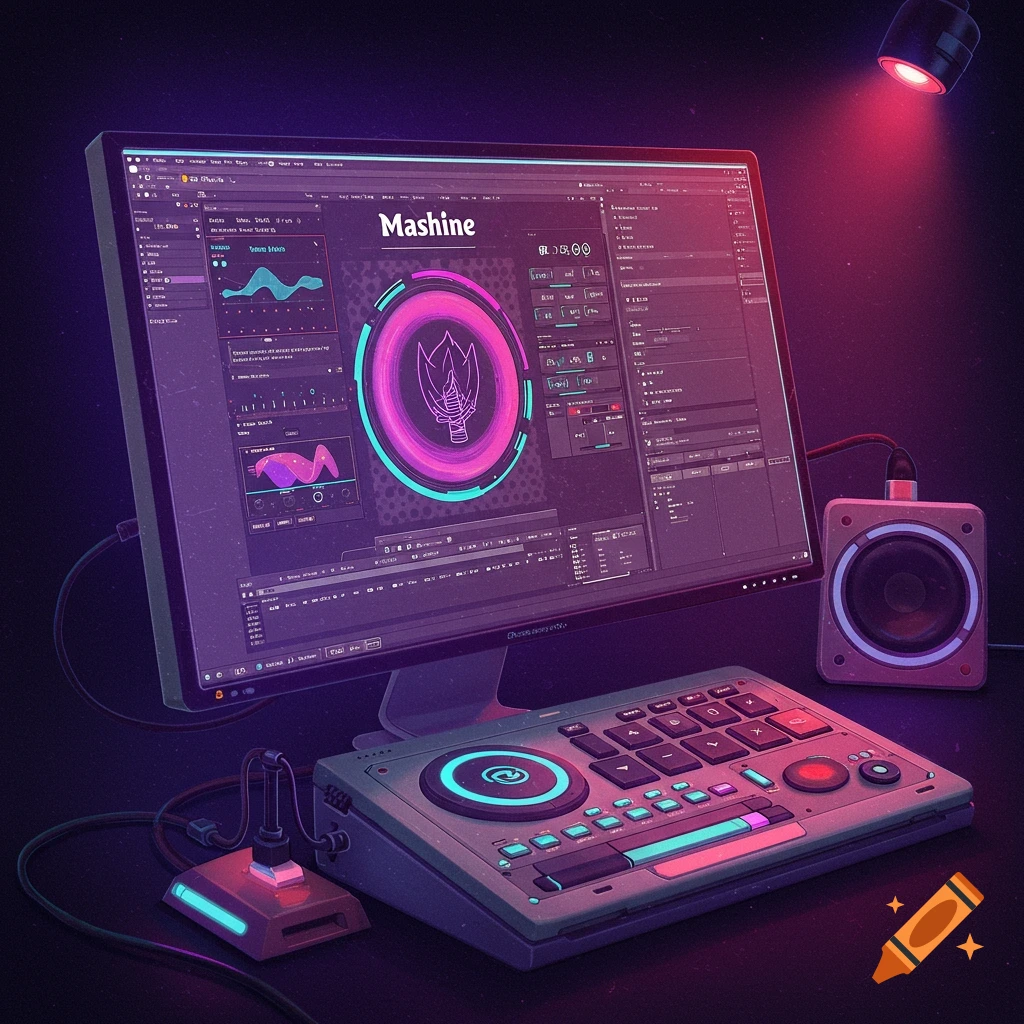A computer monitor displays music production software interface, a beat machine keyboard, and a speaker, all lit with neon pink and blue.