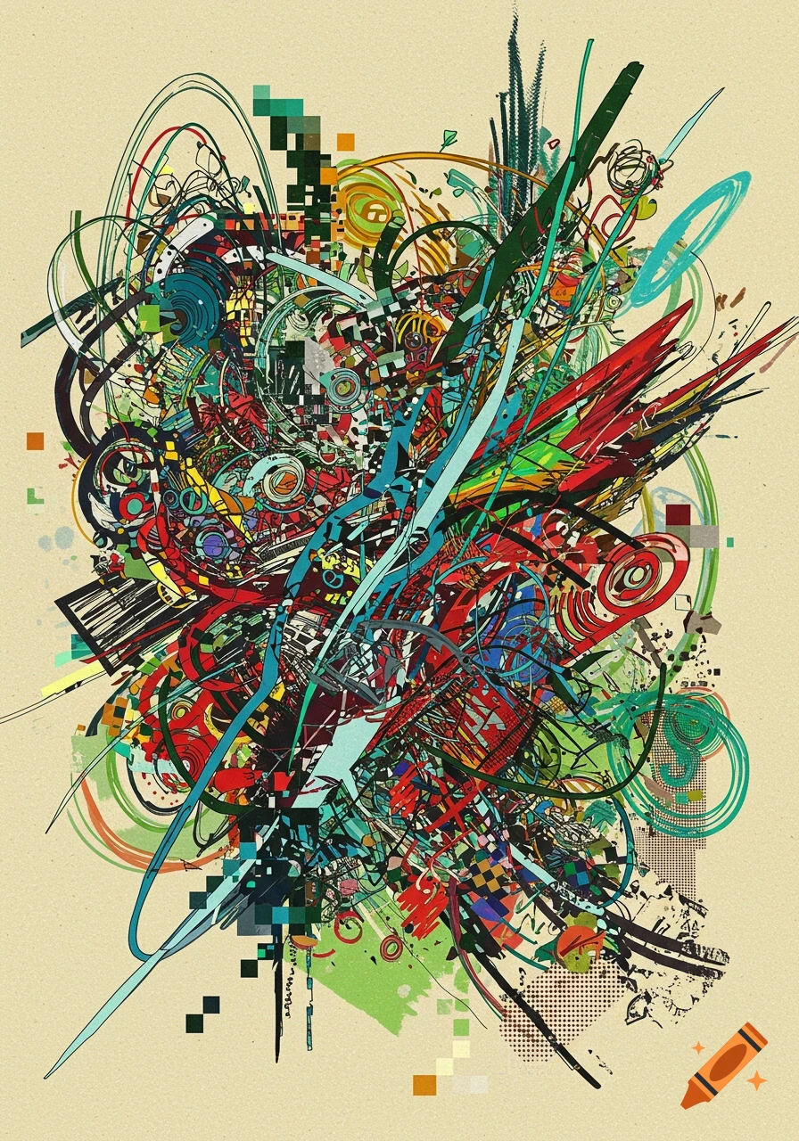 A chaotic abstract digital artwork with colorful lines, shapes, pixels, and textures.
