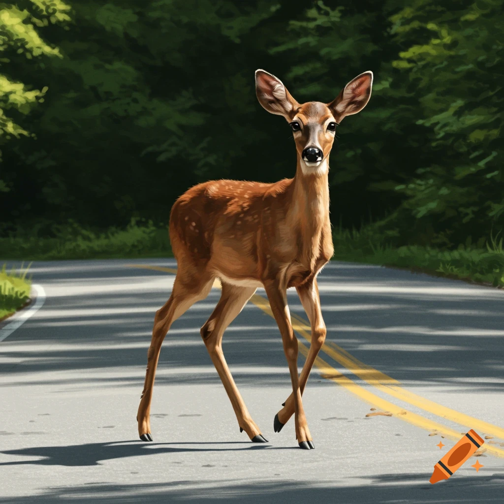A young deer standing on a road.