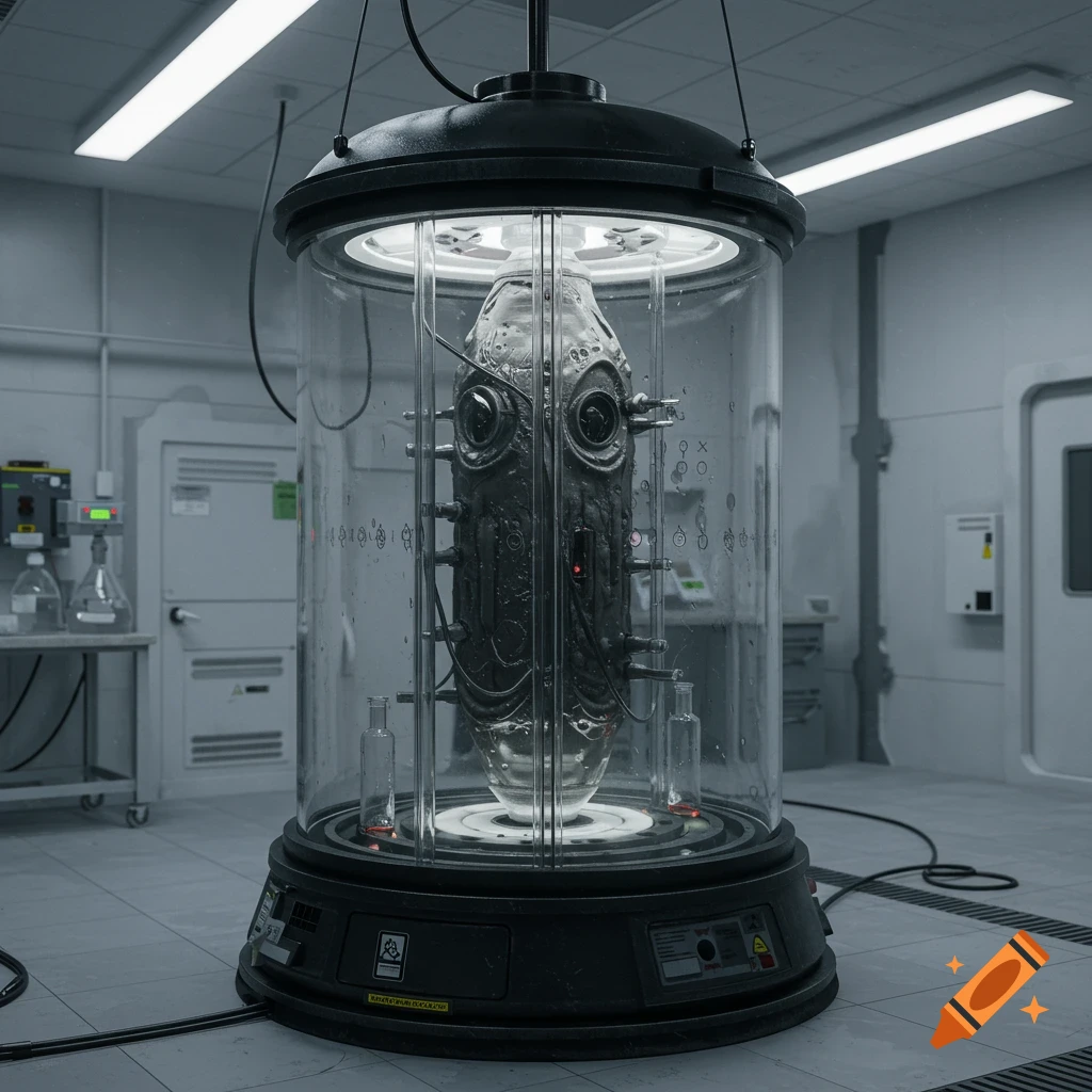 A strange creature contained in a glass tube in a science lab.