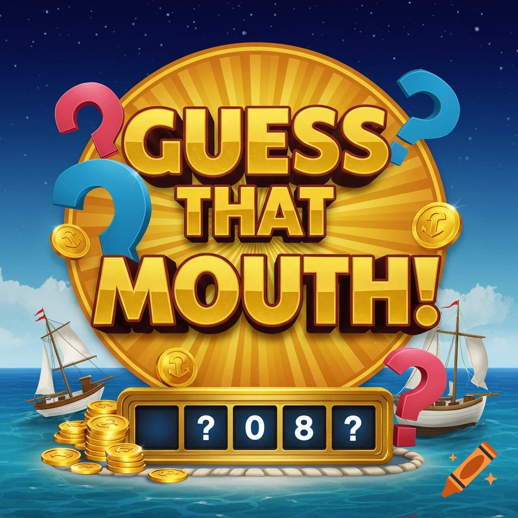 A game show logo with "Guess that Mouth!", question marks, coins, and sailing ships.