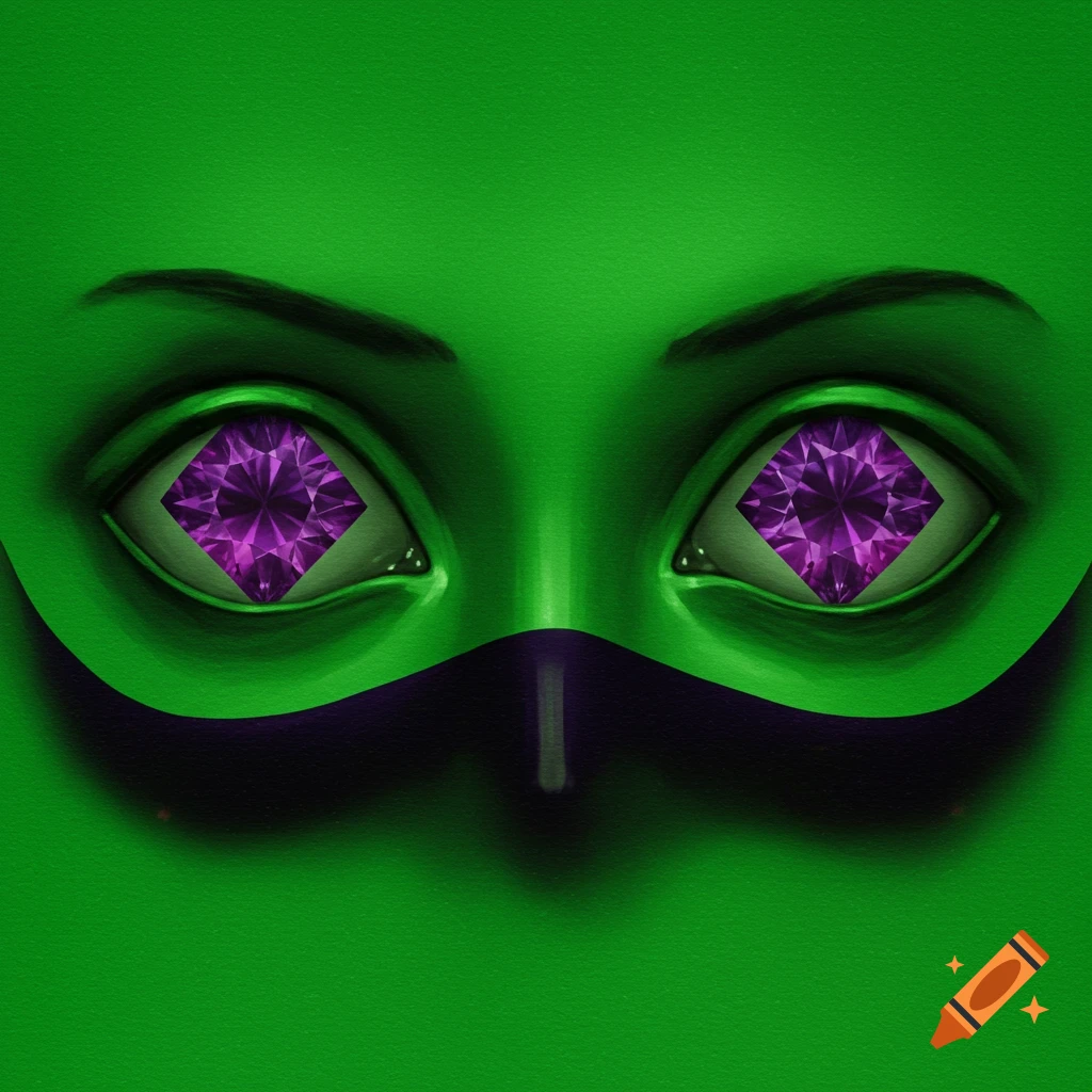 A green face with purple diamond eyes and a black mask
