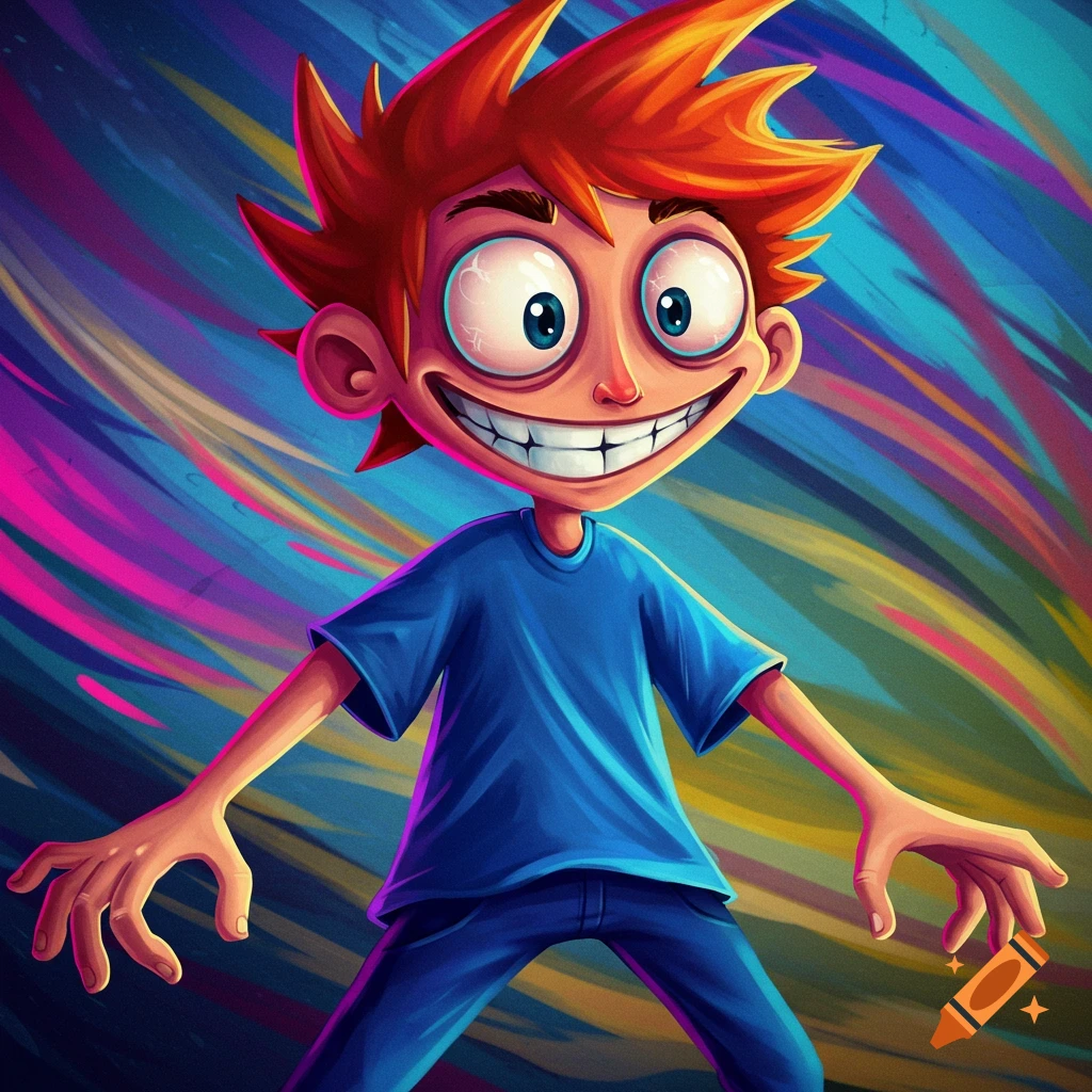 Stylized cartoon boy with red spiky hair and a wide grin.