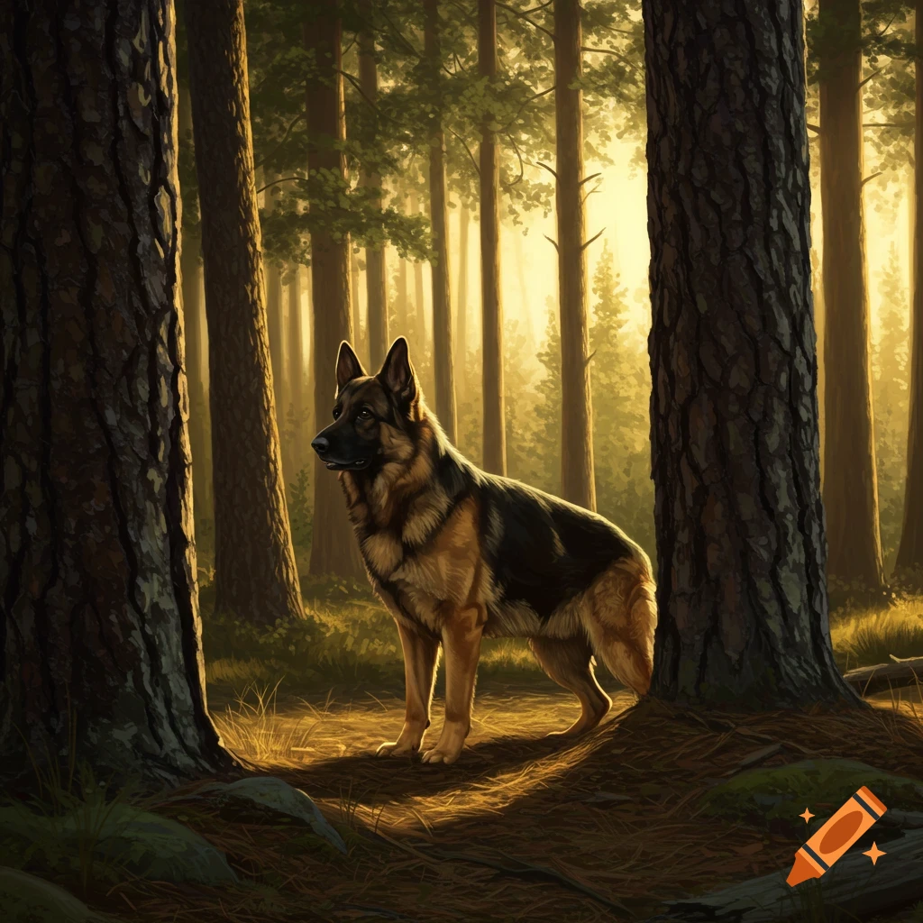 A German Shepherd stands in a sunlit forest.