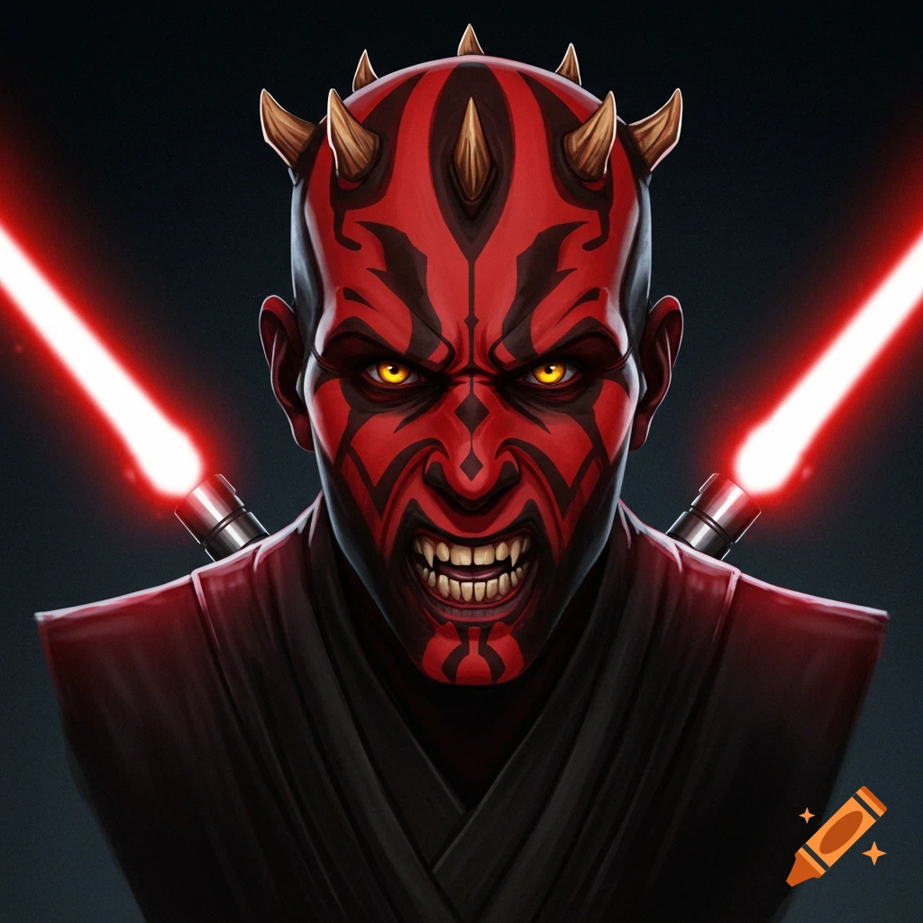 A close-up of Darth Maul with two red lightsabers, snarling.