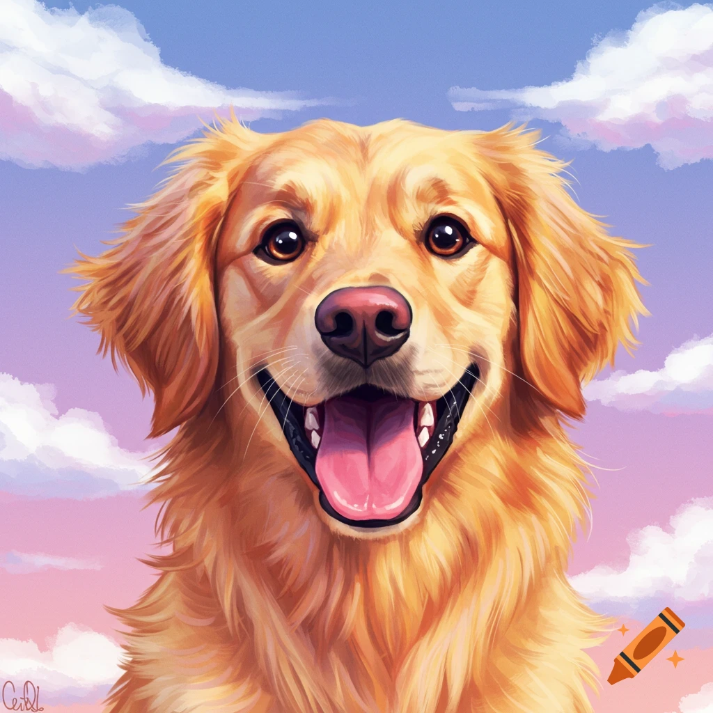 A smiling golden retriever against a pink and blue sky.