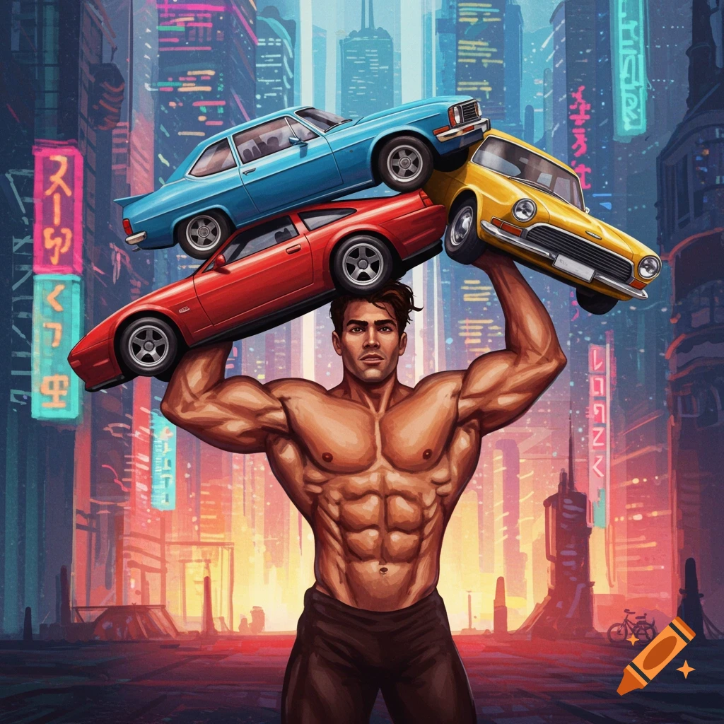 A man lifts three cars over his head in a neon-lit cyberpunk city street.