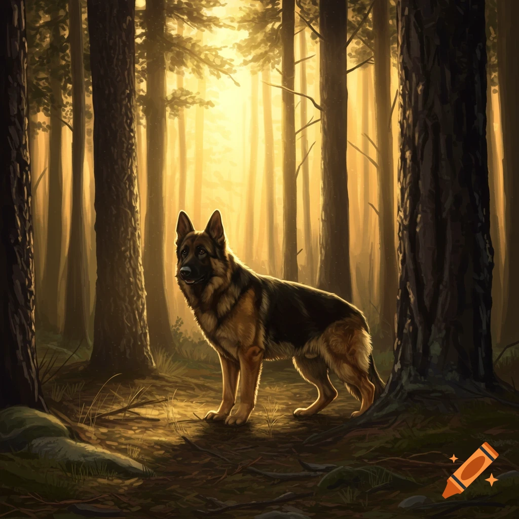 A German Shepherd dog stands in a sunlit forest clearing.